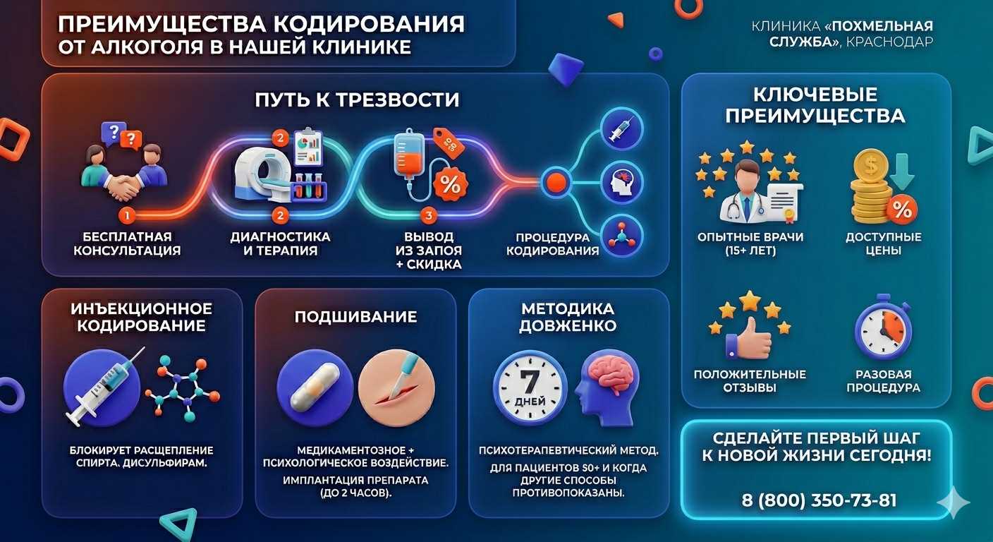 Инфографика о методах кодирования от алкоголя в Геленджике: инъекции, подшивание, метод Довженко. Преимущества клиники и этапы лечения.