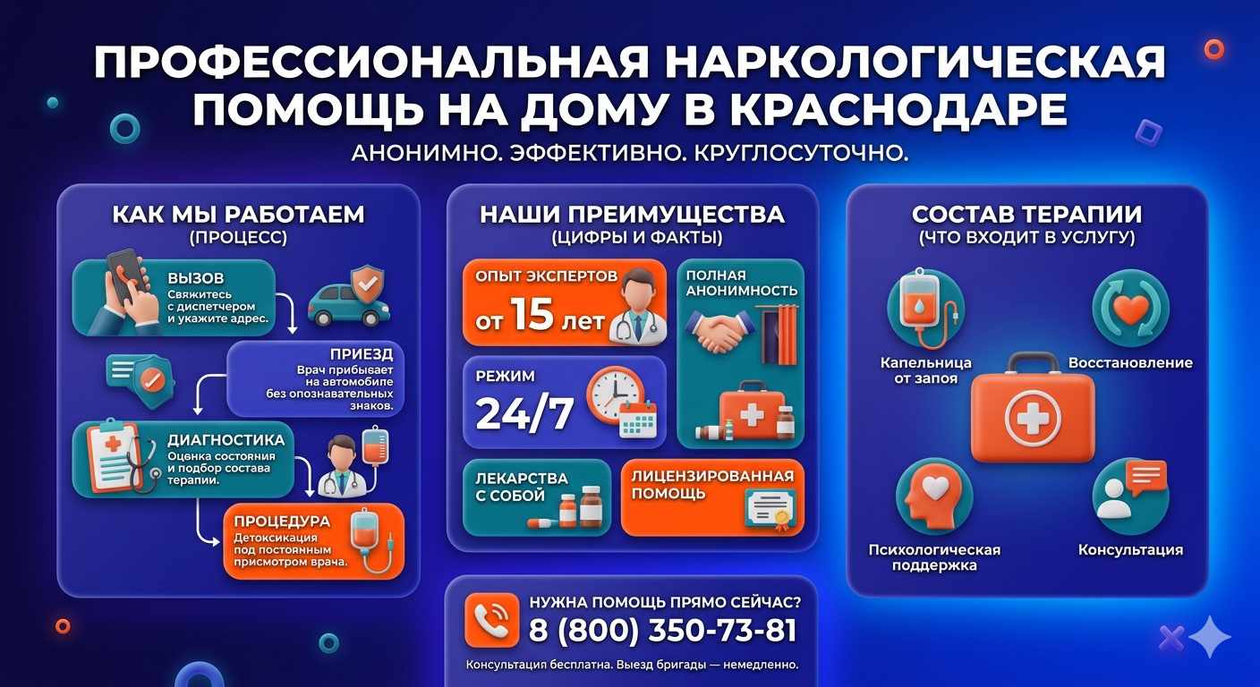 Инфографика о принципах лечения алкоголизма на дому в Геленджике: этапы вызова нарколога, преимущества анонимной детоксикации и состав медицинской помощи.